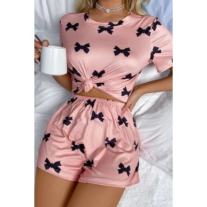 Pink Bow Printed Short 2pcs Lounge Set
