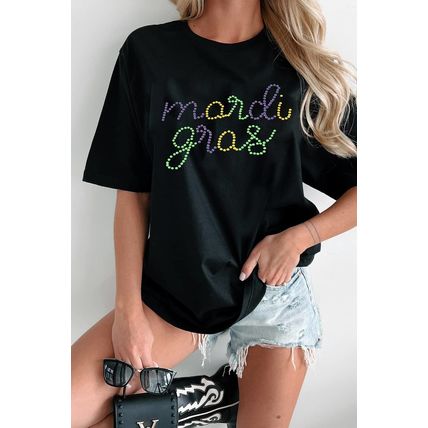 Black Rhinestone Mardi Gras Letter Graphic T Shirt