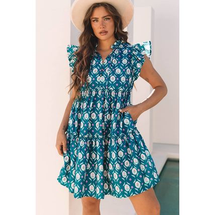 Blue Retro Floral Print Split Neck Ruffle Short Sleeve Dress