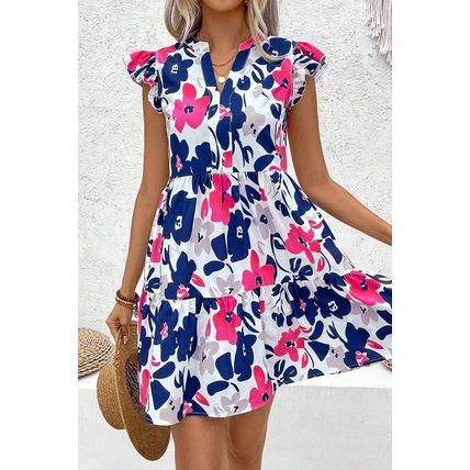 Fashion Floral Print Notched Neck Flutter Sleeve Mini Dress