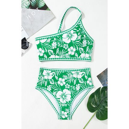 Green Floral Print One Shoulder High Waist Bikini Set