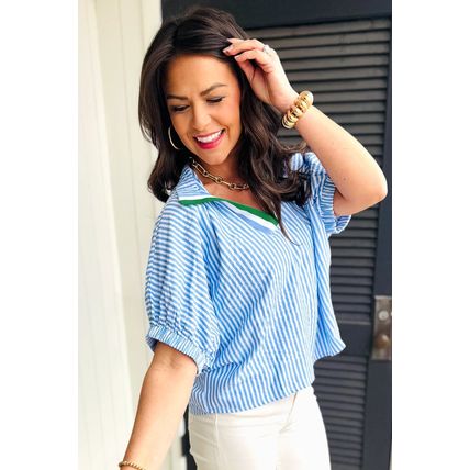 Sky Blue Striped Print Contrast Split Neck Dolman Sleeve Blouse