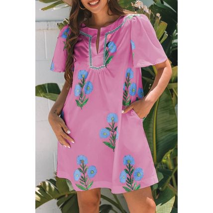Rose Floral Short Sleeve Split Neck Loose Mini Dress