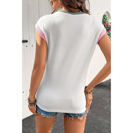 White Color Block Corded Knit Crew Neck Tee