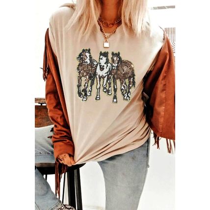Khaki Sequin Horses Patched Casual Crewneck T Shirt