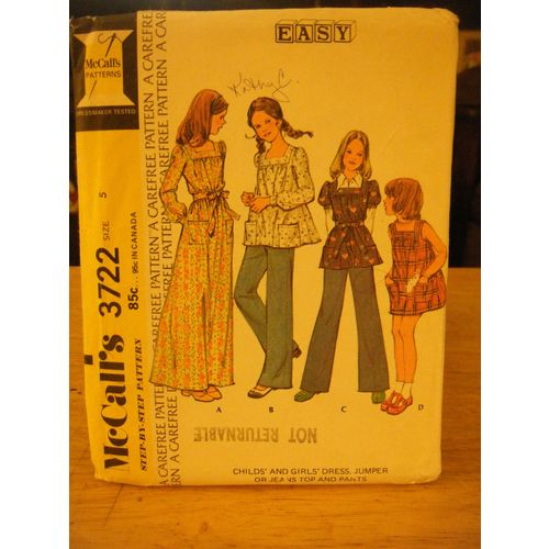 McCall's 3722 Girl's Dress, Jumper, Pants & Top Pattern - Size 5 Chest 24