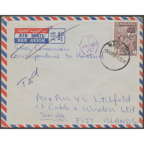 Malaya Malacca 1963 Forces Concession Mail taxed cover to Fiji