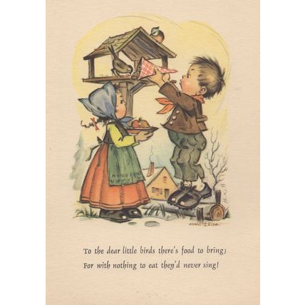 German Tree House Children Birds Food For Singing Postcard