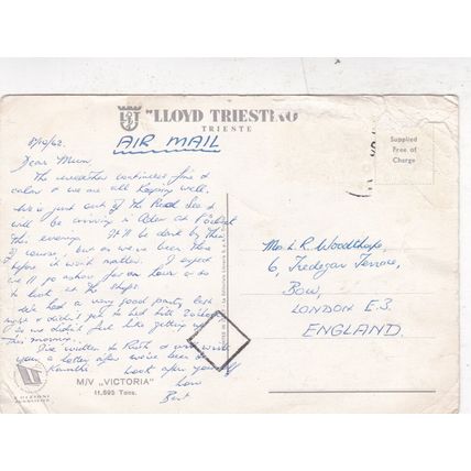 M/V Victoria Postcard posted 1962 creases
