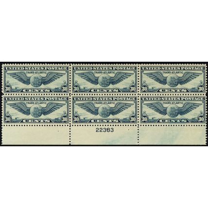 C24, Mint VF NH 30¢ (Gum skips) Plate Block of Six CV $110 * Stuart Katz