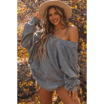 Gray Exposed Seam Twist Open Back Oversized Sweatshirt