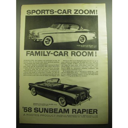1958 Sunbeam Rapier Coupe de Sport and Convertible Cars Ad - Sports-Car zoom!