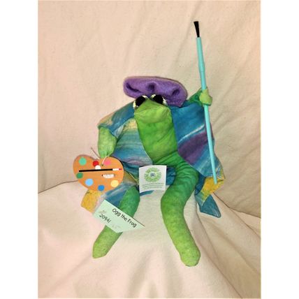 OGG THE FROG HANDCRAFTED BEAN STUFFED ARTIST FROG with BERET PALLET PAINTBRUSH