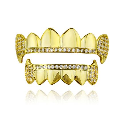 Hip Hop Grills Fangs Top Bottom Set 5A+ CZ 18K Gold Silver Plated Teeth Grillz