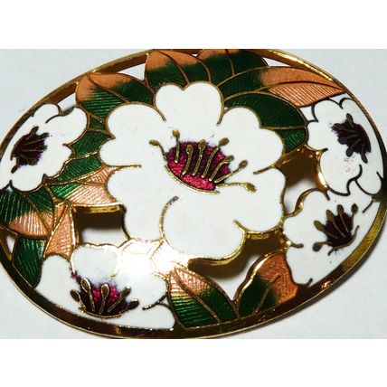 VINTAGE 1990 Large Goldtone Oval White/Green/Pink Champleve Enamel Floral BROOCH