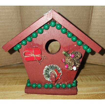 Homemade Handmade Wood Red Christmas Decor Birdhouse