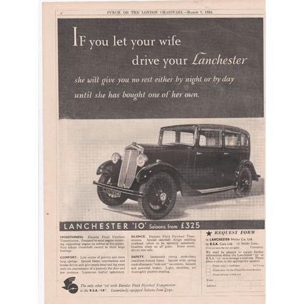 1934 LANCHESTER MOTOR CAR MAGAZINE ADVERT