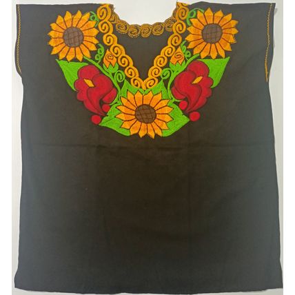 Sunflowers & Calla Lillies Embroidered Cotton Canvas Black Blouse Chiapas Mexico