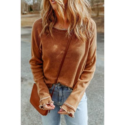 Brown Textured Round Neck Long Sleeve Top