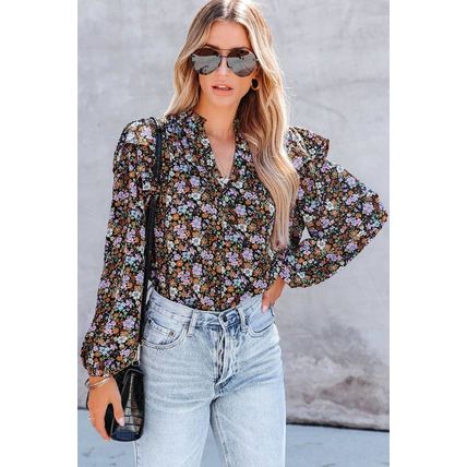 Floral Print Ruffled Bubble Sleeve Shirt