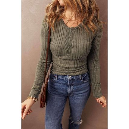 Jungle Green Ribbed Knit Half Button Slim Fit Blouse