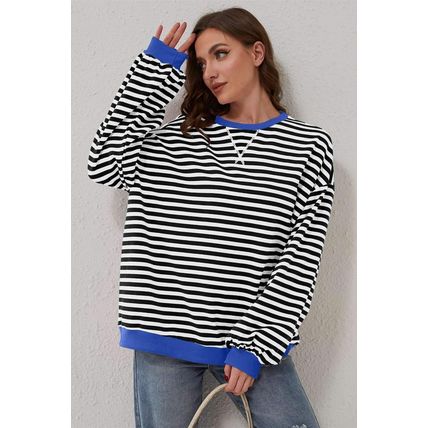Black Stripe Oversized Contrast Trim Pullover Sweatshirt