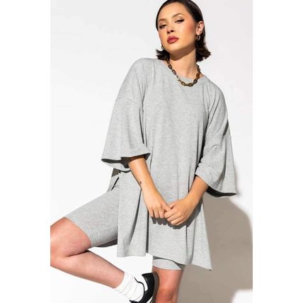 Light Grey Solid Color Loose Tunic Top and Slim Shorts Set