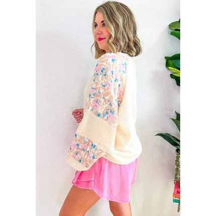 Apricot Plus Size Floral Patchwork Ribbed Puff Sleeve Top