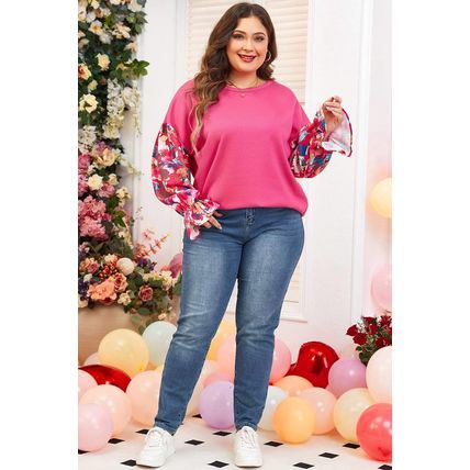 Bright Pink Floral Patchwork Flounce Sleeve Rib Knit Plus Top