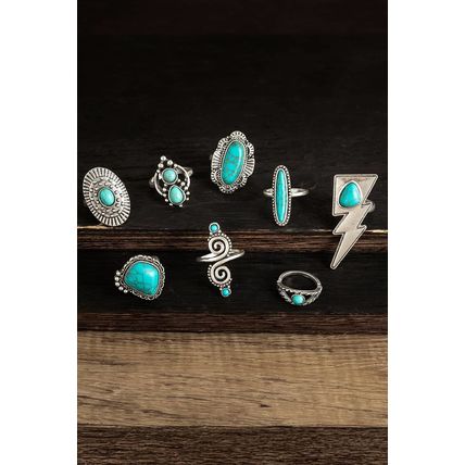 Silvery 8pcs Turquoise Inlay Western Ring Set
