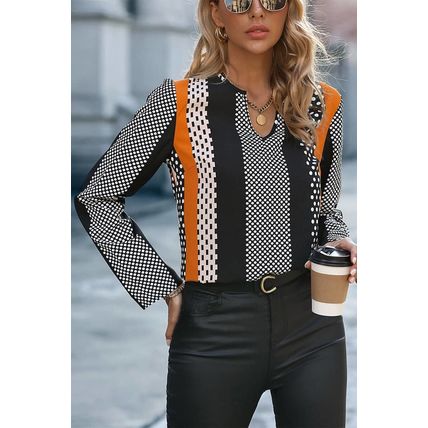Orange Geo Print Colorblock Notched V Neck Blouse