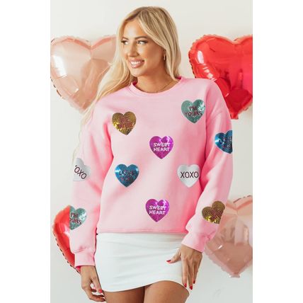 Pink Sequin Romantic Letters Heart Graphic Valentines Sweatshirt