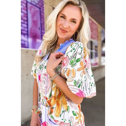 Multicolour Floral Print Striped Yoke Frilled V Neck Puff Short Sleeve Blouse