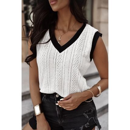 White Contrast Trim Eyelet Knit Colorblock V Neck Sweater Vest
