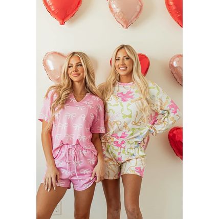 Pink Waffle Knit Bowknot Printed V Neck T Shirt and Shorts Set