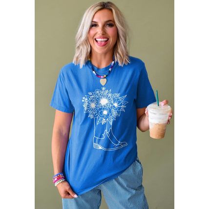 Blue Sunflower Boots Graphic Western Fashion T Shirt