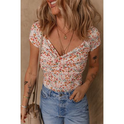 Orange Short Sleeve Floral Ruched Sweetheart Bodysuit