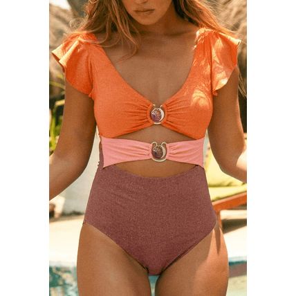 Orange Ruffle Sleeve Tricolor Cutout Front Ring One Piece Swimsuit
