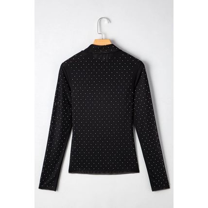 Black Rhinestone Embellished Mesh Long Sleeve Top