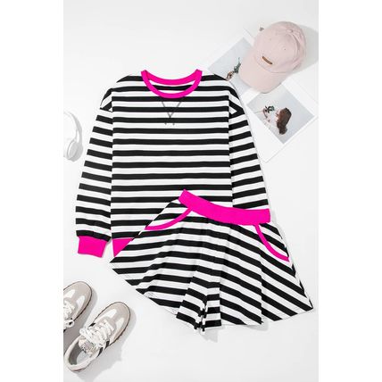 Black Stripe Contrast Ribbed Banding Long Sleeve Blouse Loose Shorts Set