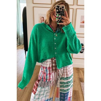 Bright Green Solid Color Knit Button Drop Shoulder Sweater Cardigan