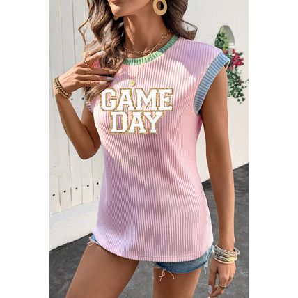 Pink Sequin GAME DAY Graphic Corded Rib Knit Colorblock T Shirt