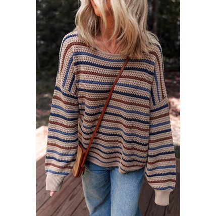 Multicolour Striped Knitted Drop Shoulder Round Neck Sweater