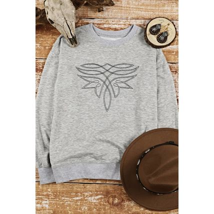 Gray Western Pattern Embroidered Drop Shoulder Pullover Top