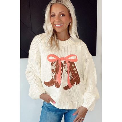 White Embroidered Bow Boots Graphic Drop Shoulder Sweater