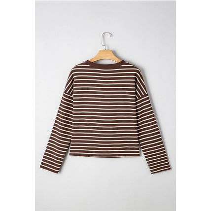 Brown Stripe Ribbed Cropped Crew Neck Long Sleeve T Shirt