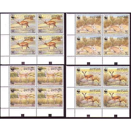Bahrain WWF Goitered Gazelle 4 Corner Blocks with margins 1993 MNH