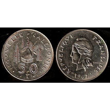 New Caledonia 50F 1967 Marianne Used Coin Pine Trees