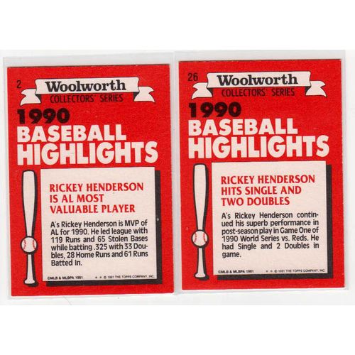 TWO 1991 Woolworth Rickey Henderson cards #2, #26 –HOF-Oddball