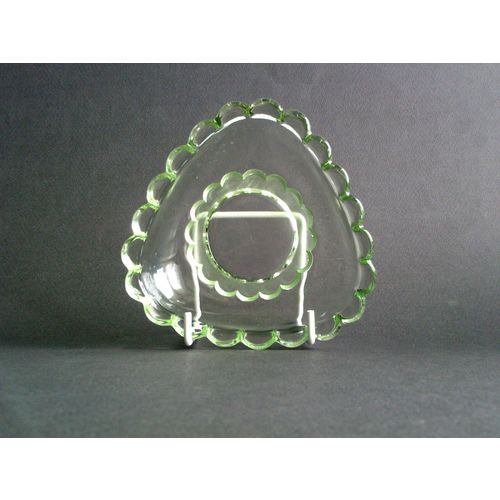 Art Deco Small Green Glass Triangular Bowl / Dish.